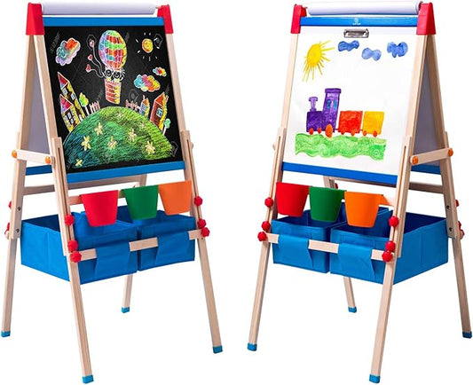 Kid's Art Easel with Adjustable Double-sided Magnetic Board, Paper Roll, Storage and Accessories, Standing Art Easel for Kids (31-55.5 inches)