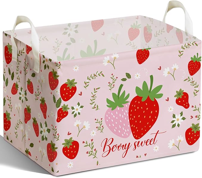 Strawberry Foldable Storage Box, Strawberries Waterproof Fabric Toy Organizer Box for Boys Girls, Strawberries Storage Boxes for Nursery Room, Strawberry Gifts Basket, Storage Basket for Room Decor