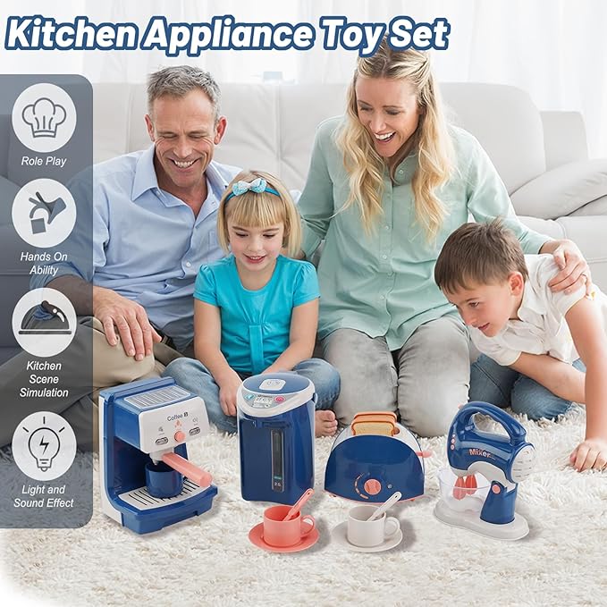 Kitchen Appliances for Kids Pretend Play Set Cooking Toys with Coffee Maker, Blender, Mixer, Toaster, Play Food, Utensils Kitchen Accessories Set for Girls Boys Gift