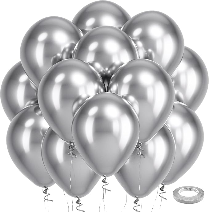 Bezente Silver Metallic Chrome Latex Balloons, 100 Pack 12 inch Silver Round Helium Balloons for New Years Wedding Anniversary Bridal Shower Birthday Bachelorette Engagement Party Decorations
