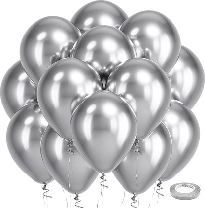 Bezente Silver Metallic Chrome Latex Balloons, 100 Pack 12 inch Silver Round Helium Balloons for New Years Wedding Anniversary Bridal Shower Birthday Bachelorette Engagement Party Decorations