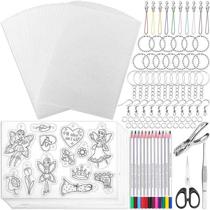 shynek 205 Pieces Shrinky Art Keychain Kit, Include 20 Pcs Shrinky Plastic Sheet and 185 PCS Keychain Accessories for Creative Art Craft