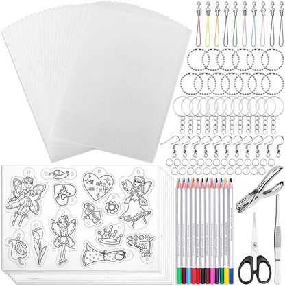 shynek 205 Pieces Shrinky Art Keychain Kit, Include 20 Pcs Shrinky Plastic Sheet and 185 PCS Keychain Accessories for Creative Art Craft