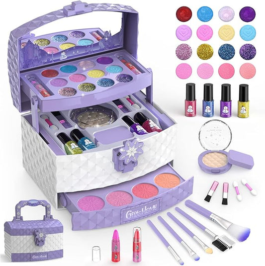 GirlsHome Kids Makeup Kit for Girl 35 Pcs Washable Toddler Makeup Kit, Girl Toys Real Cosmetic Little Girls Makeup Set, Safe & Non-Toxic Frozen Makeup Set for 3-12 Year Old Kids (Purple)
