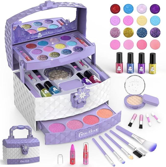 GirlsHome Kids Makeup Kit for Girl 35 Pcs Washable Toddler Makeup Kit, Girl Toys Real Cosmetic Little Girls Makeup Set, Safe & Non-Toxic Frozen Makeup Set for 3-12 Year Old Kids (Purple)