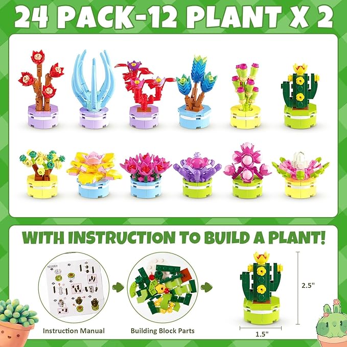 Valentines Day Gifts for Kids 8-12, 24 Pack Succulents Plants Building Blocks Kit With Gift Cards for Kids School Classroom, Class Valentines Gift Exchange, Kids Party Favors Stuffers Fillers