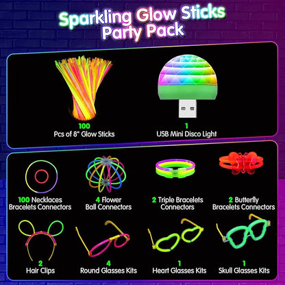 MOSSDNAR Glow Sticks, 229pcs Glow Sticks Bulk Party Pack with USB Mini DiscoLight, Glow in the Dark Light Up Party Supplies for Kids Adults, Neon Bracelets Necklaces for Wedding Birthday Decoration