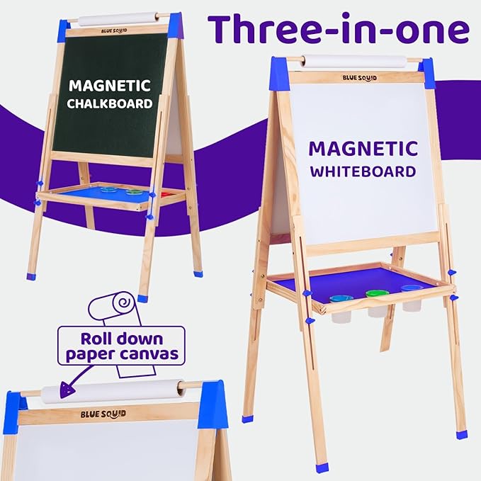 Blue Squid Art Easel for Kids - Dual-Sided Adjustable Wooden Painting Easels, Ideal Christmas Gift for Toddlers and Kid - with Magnetic Chalk Board, White Board & Paper Roll, Includes Accessories