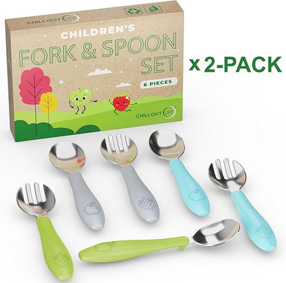 CHILLOUT LIFE Toddler Utensils, Kids Silverware with Silicone Handle, Stainless Steel Metal Toddler Forks and Spoons Safe Baby Cutlery Set for Self Feeding BPA Free Dishwasher Safe - 12 Piece