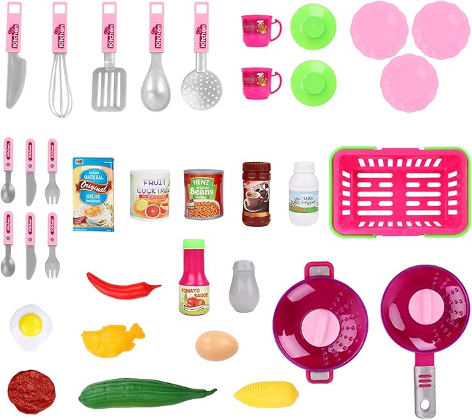 deAO Kitchen Playset Toy Pretend Food with Sounds and Lights Role Playing Game Pretend Food Playset for Toddlers,Pink