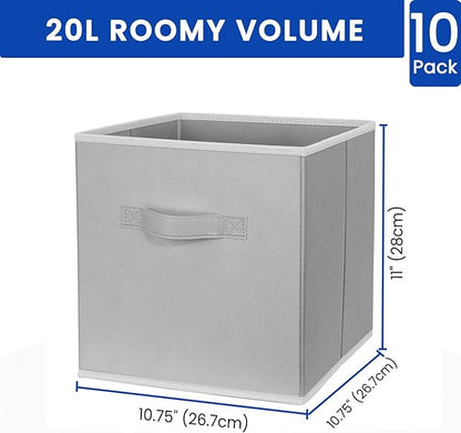 Criusia Storage Cubes, 11 Inch Cube Storage Bins for Shelves (10 Pack), Fabric Collapsible Storage Bins with Dual Handles, Foldable Cube Baskets for Clothes, Closet Organizers and Storage Box (Grey)