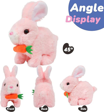 Hopearl Hopping Rabbit with Carrot Interactive Electronic Pet Plush Bunny Toy with Sounds and Movements Animated Walking Wiggle Ears Twitch Nose Gift for Toddlers Birthday, Pink, 7''