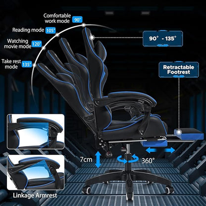 HOFFREE Massage Gaming Chair for Kids Computer Gamer Chair with Footrest and Lumbar Support Reclining PC Game Chair with Headrest for Gaming Room Blue and Black