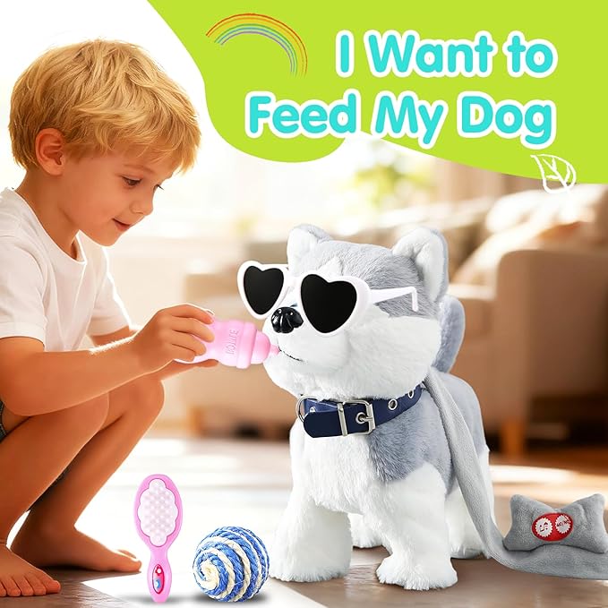HCdoujoy Husky Walking Dog Barking Toy, Musical Singing Dancing Volume Control Interactive Puppy Walk Along with Leash, Wagging Tail Shaking Head, Robot Plush Stuffed Animal Puppy for Kid