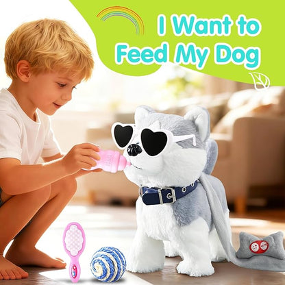 HCdoujoy Husky Walking Dog Barking Toy, Musical Singing Dancing Volume Control Interactive Puppy Walk Along with Leash, Wagging Tail Shaking Head, Robot Plush Stuffed Animal Puppy for Kid
