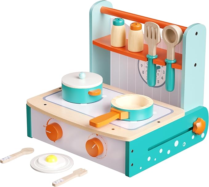 Dailyfunn Wooden Foldable &Portable Toy Stove Pretrend Kitchen PlaySet with Cooking Accessories