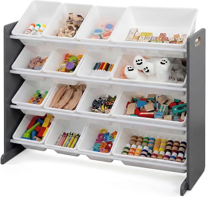 Humble Crew Toy Storage Organizer with 16 Removable Storage Bins for Kids Playroom, 4-Tier Toddler Toy Organization and Storage, Dark Grey/White