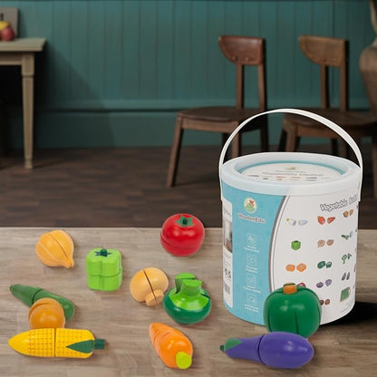 Wooden Play Food for Kids Kitchen, 38PCS Cutting Fruits Toys for Toddlers Pretend Vegetables Gift for Boys Girls Educational Toys (Vegetable Bucket)