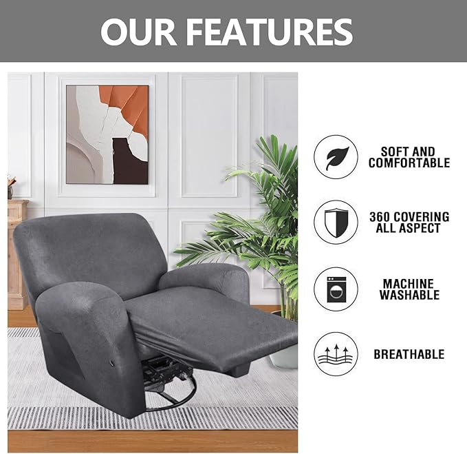 molasofa Recliner Chair Covers - 4 Pieces Leather Like Large Recliner Chair Covers with Pocket Waterproof Non Slip Stretch Recliner Slipcover for Lazy Boy Recliner Chair Washable (Light Grey)