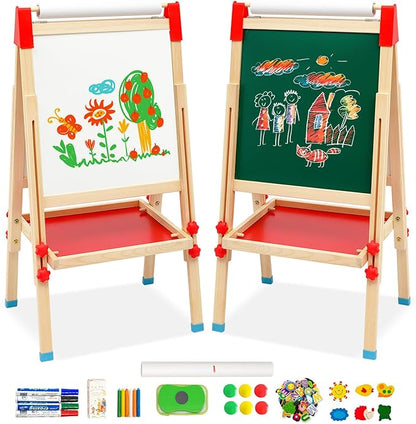 Kids Art Easel with Paper Roll Art Standing Easel Double-Sided Whiteboard & Chalkboard & Roll Paper Drawing Board Standing Easel with Accessories for Kids and Toddlers