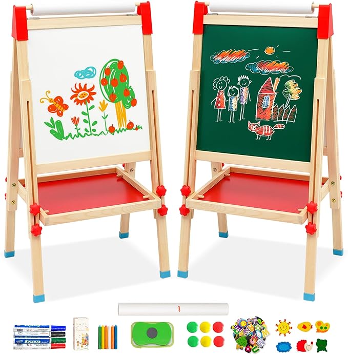 Kids Art Easel with Paper Roll Art Standing Easel Double-Sided Whiteboard & Chalkboard & Roll Paper Drawing Board Standing Easel with Accessories for Kids and Toddlers