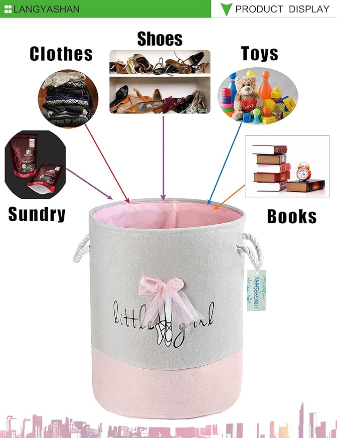 LANGYASHAN Laundry Basket Canvas Collapsible Organizer Storage Basket for Boys Girls Laundry Hamper Toy Bins Gift Baskets Bedroom Clothes Children Nursery (Pink Lace)