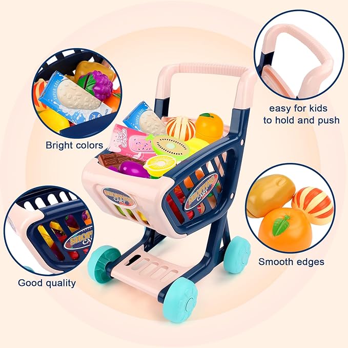 deAO Toddlers Shopping Cart Trolley Set Kids Pretend Grocery Cart Play Toy with Pretend Play Food Shopping Day Realistic Kitchen Accessories for Kids Girls Boys