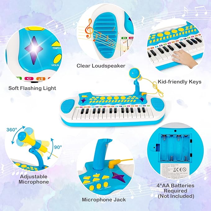 Costzon 31-Key Kids Piano Keyboard Toy, Toddler Electronic Musical Instrument Educational Toy w/Microphone, Multiple Sounds, Record Playback, Lights & Stool, Birthday Gift for Girls Boys Age 3+, Blue