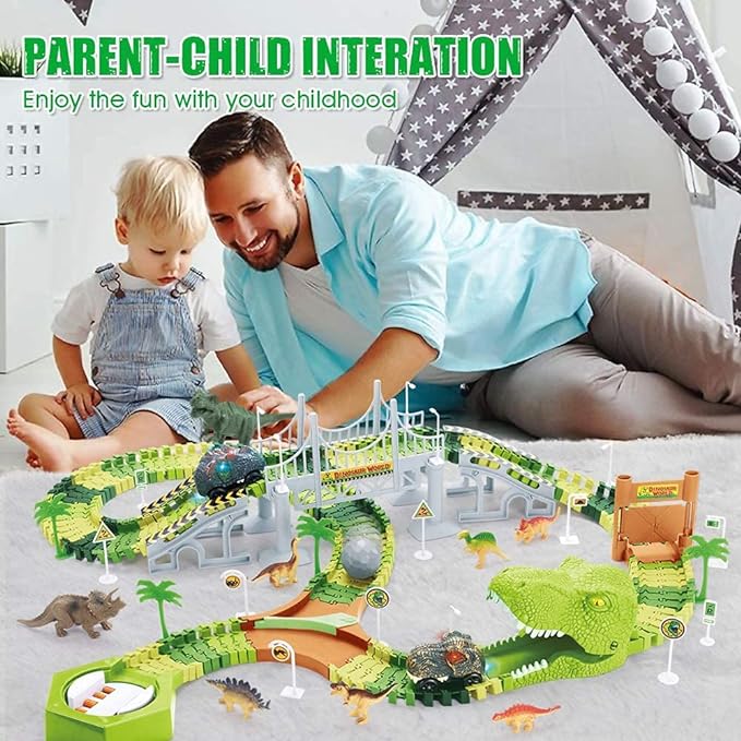 174 PCS Flexible Dinosaur Train Tracks and Race Cars Playset with 8 Dinosaurs Figures, Electric Vehicles, Lights - Create Road Racing World for Toddlers and Kids