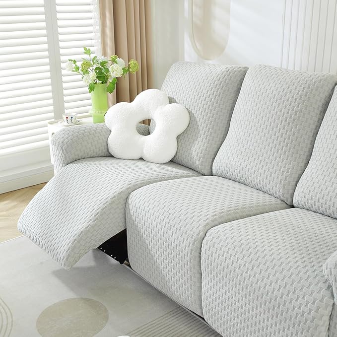 vctops 8 Pieces Jacquard Plush Recliner Sofa Covers Stretch Soft 3 Seats Couch Cover Anti-Slip Solid Color Sofa Slipcover Furniture Protector with Elastic Bottom for Kids Pet (Light Grey,3 Seat)