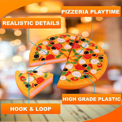 15-Piece Pizza Party Play Set for Kids - Realistic Pizza Pie Pretend Play Food Kit - Slice and Serve Plastic Kitchen Cooking and Cutting Playset
