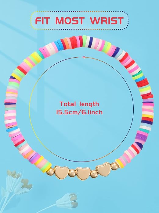 Sureio 24 Pcs Colorful Friendship Bracelets Heart Bracelets Surfer Bracelets Stretch Beaded Kids Bracelet for Girls Women Valentine's Day Gifts Tween Girl Party Favors