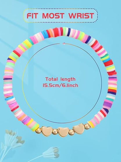 Sureio 24 Pcs Colorful Friendship Bracelets Heart Bracelets Surfer Bracelets Stretch Beaded Kids Bracelet for Girls Women Valentine's Day Gifts Tween Girl Party Favors