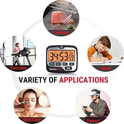 ThermoPro TM01(2 Pack) Kitchen Timers for Cooking with Count Up Countdown Timer, Digital Timer for Kids with Touch Backlit, Study Timers for Classroom Teacher Supplies