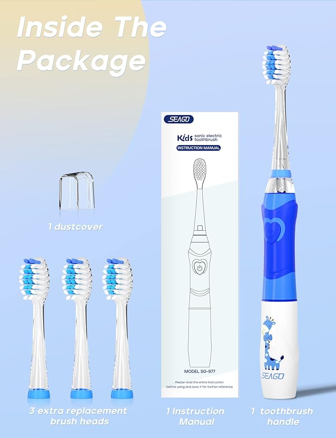 SEAGO Kids Electric Toothbrush with 2 Mins Brushing Timer and 4 Replacement Bursh Heads, Rainbow LED Light Make Brushing Fun, Blue Color Boys Battery Powerd Toothbrush for 4-12 Years Old，SG-977