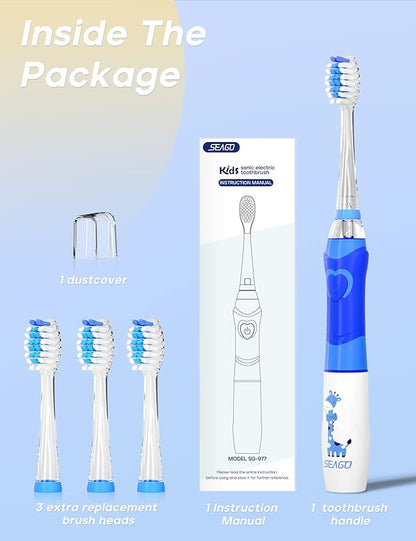 SEAGO Kids Electric Toothbrush with 2 Mins Brushing Timer and 4 Replacement Bursh Heads, Rainbow LED Light Make Brushing Fun, Blue Color Boys Battery Powerd Toothbrush for 4-12 Years Old，SG-977