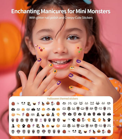 Geyiie Nail Polish Toys Set, DIY Bead Making Kit in Acrylic Storage Box 3 Drawers with Halloween nail sticker for girls , Bracelet Making Kit Arts & Crafts for Girls, Party Favor