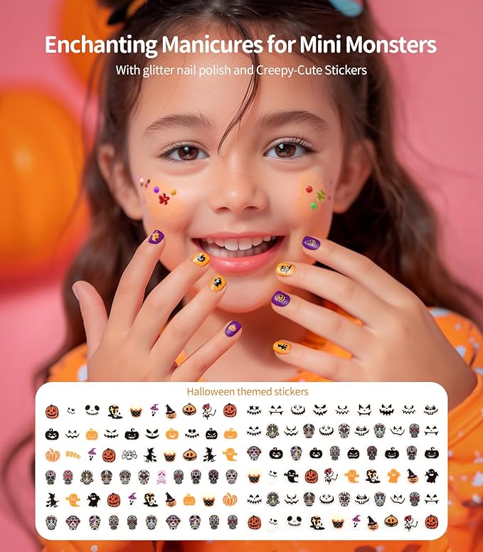 Geyiie Nail Polish Toys Set, DIY Bead Making Kit in Acrylic Storage Box 3 Drawers with Halloween nail sticker for girls , Bracelet Making Kit Arts & Crafts for Girls, Party Favor