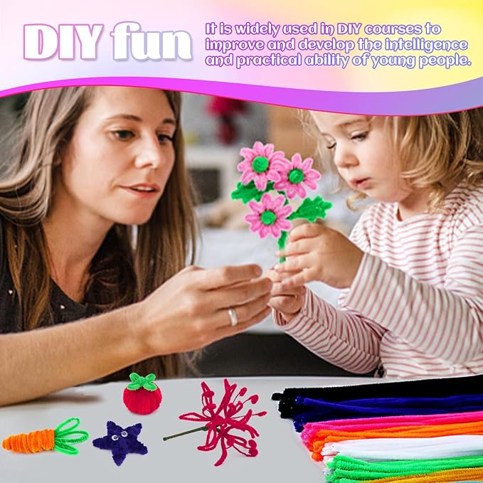LOKUNN Pipe Cleaners, 200 Pcs Black Pipe Cleaners Craft Set, Solid Color Chenille Stems, DIY Arts and Crafts with Adhesive Eyes and Storage Box, Christmas Mother's Day Decoration Art Supplies