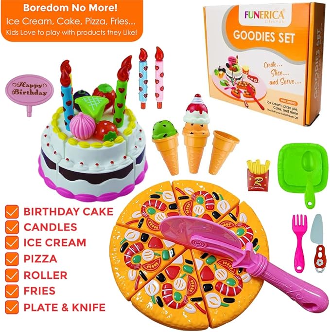 FUNERICA Play Food Goodies Set - Features Cutting Pizza, Ice Cream, Toy Birthday Cake, Fries, Dessert – Pretend Kitchen Toys for Toddlers, Boys, Girls