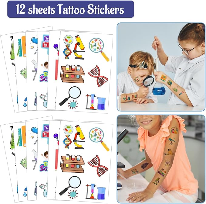 98PCS Science Party Favors Scientist Party Supplies with Science Slap Bracelets Science Stickers Science Badge Scientist Keychains Science Temporary Tattoos for Science Lab Party