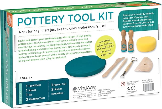 MindWare Beginner Pottery Tool Kit for Kids - 8 Piece Set Includes Hand Wheel, Sponge, Rib, Molding Tools and More