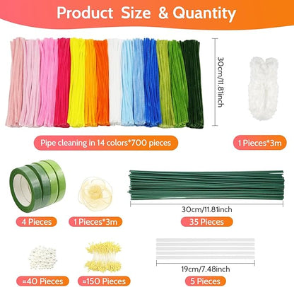 beanicus 700 PCS Pipe Cleaners Craft, Pipe Cleaners Flowers Kit with Handle, 14 Colors Chenille Stems with 18 Flowers Instruction, Art and Craft Supplies