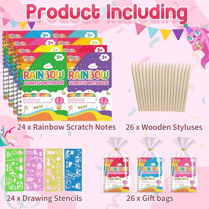 Scratch Art Party Favors for Kids: 24 Pack Rainbow Scratch Notebook Bulk Kids Craft School Supplies for Girls Boys 4-8 Years Old Kids Birthday Goodie Bags Christmas Gifts Classroom Prizes for Kids