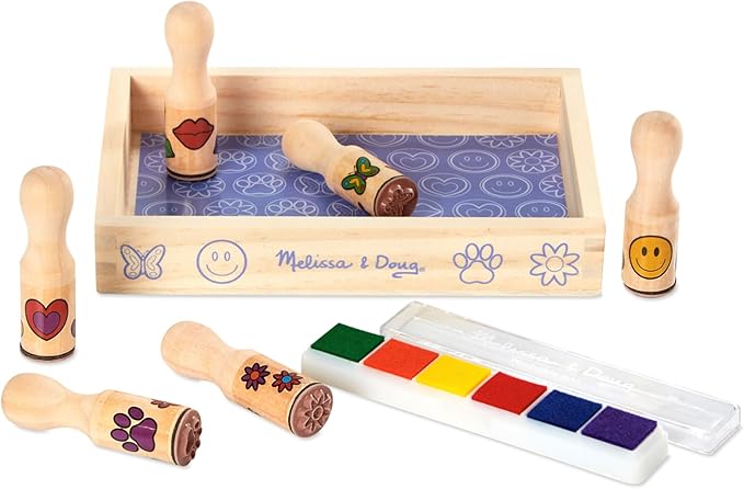 Melissa & Doug Happy Handles Wooden Stamp Set: 6 Stamps and 6-Color Stamp Pad With Washable Ink, Easy To Hold Stampers For Kids Ages 4+