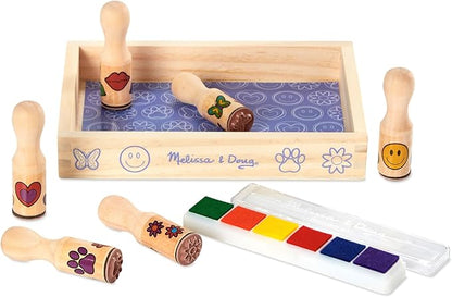 Melissa & Doug Happy Handles Wooden Stamp Set: 6 Stamps and 6-Color Stamp Pad With Washable Ink, Easy To Hold Stampers For Kids Ages 4+