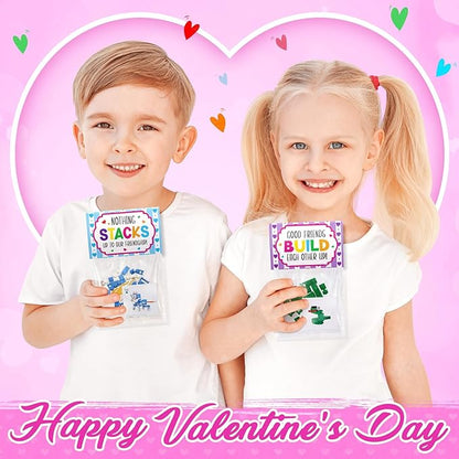 24 Pack Valentines Day Gifts for Kids 8-12, Animal Building Blocks Kit with Gift Cards for Kids School Classroom, Valentines Party Favors Exchange for Boy Girl, Kid Basket Stuffers Fillers Toy