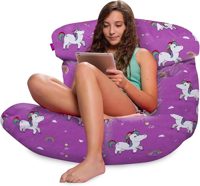 Posh Creations Bean Bag Chair Lounger Structured Seat for Kids, Teens and Adults, Comfy Chair for Gaming, Reading and Watching TV, Laguna Lounger, Canvas - Unicorn and Rainbows on Purple