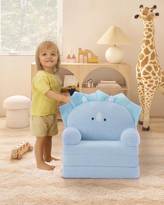 MOONBEEKI Comfy Toddler Chair, Kids Couch Fold Out to Lounger, Foldable Baby Sofa Plush for Girl and Boy Age 18 Months and Up （Blue Triceratops）