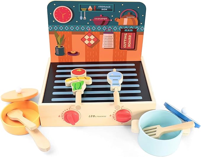 Leo & Friends 2-in-1 Mini Kitchen Wooden Play Set with 15-Pieces - Play-Pretend Toddler Toy for Girls and Boys Aged 24-Months and Older - Educational Kids Toy